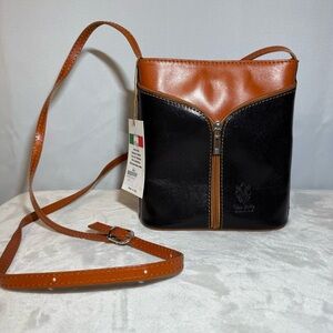 Firenze Italy Genuine Leather Crossbody Black Cognac NWT